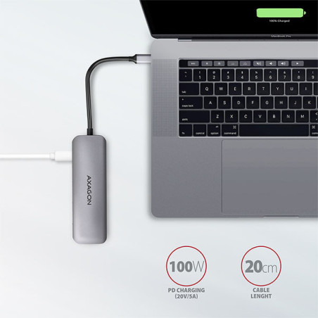 AXAGON HMC-5, USB 3.2 Gen 1 hub, porty 2x USB-A, HDMI, SD/microSD slot, PD 100W, kábel USB-C 20cm