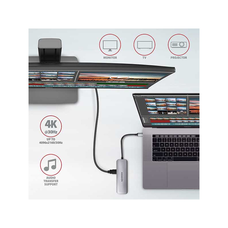 AXAGON HMC-5, USB 3.2 Gen 1 hub, porty 2x USB-A, HDMI, SD/microSD slot, PD 100W, kábel USB-C 20cm
