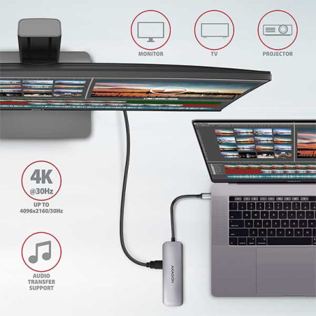 AXAGON HMC-5, USB 3.2 Gen 1 hub, porty 2x USB-A, HDMI, SD/microSD slot, PD 100W, kábel USB-C 20cm