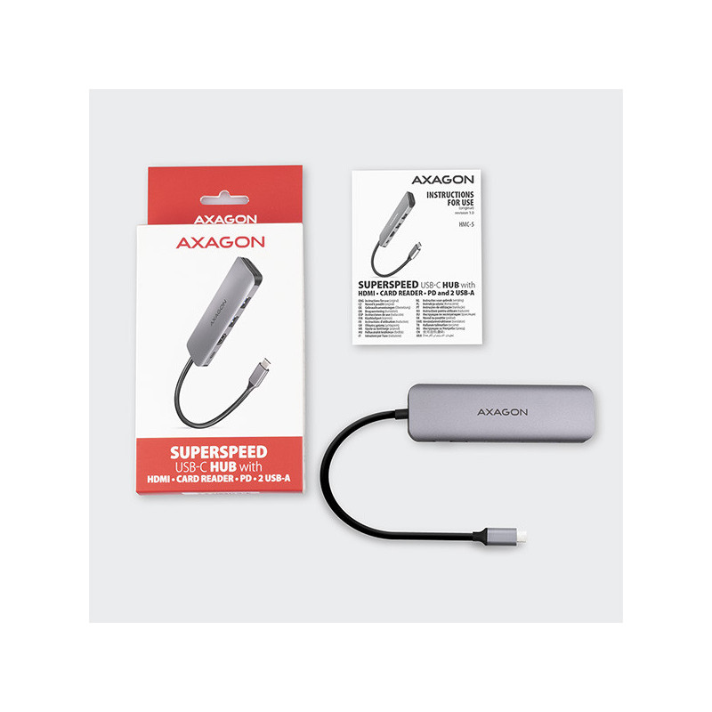 AXAGON HMC-5, USB 3.2 Gen 1 hub, porty 2x USB-A, HDMI, SD/microSD slot, PD 100W, kábel USB-C 20cm