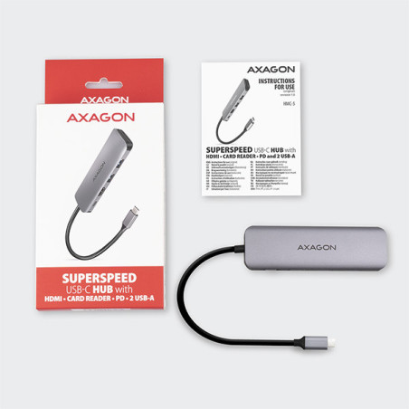 AXAGON HMC-5, USB 3.2 Gen 1 hub, porty 2x USB-A, HDMI, SD/microSD slot, PD 100W, kábel USB-C 20cm