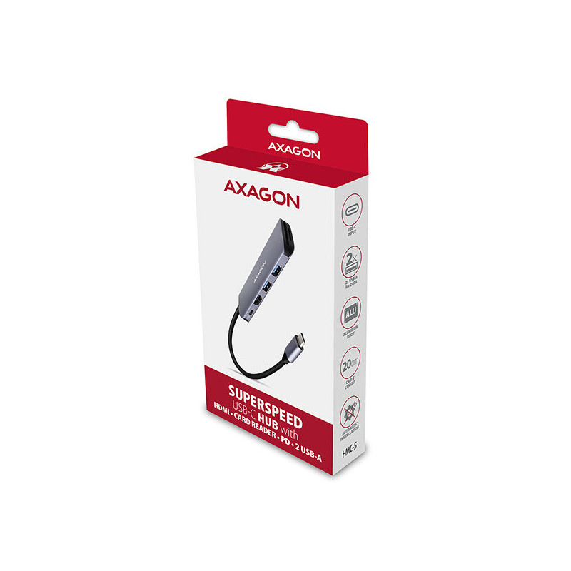 AXAGON HMC-5, USB 3.2 Gen 1 hub, porty 2x USB-A, HDMI, SD/microSD slot, PD 100W, kábel USB-C 20cm