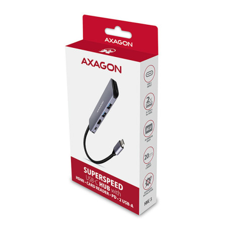 AXAGON HMC-5, USB 3.2 Gen 1 hub, porty 2x USB-A, HDMI, SD/microSD slot, PD 100W, kábel USB-C 20cm