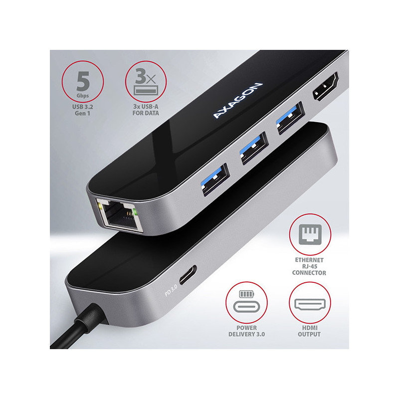 AXAGON HMC-6GL, USB 3.2 Gen 1 hub, 3x USB-A, HDMI 4k/30Hz, RJ-45 GLAN, PD 100W, kábel USB-C 20cm