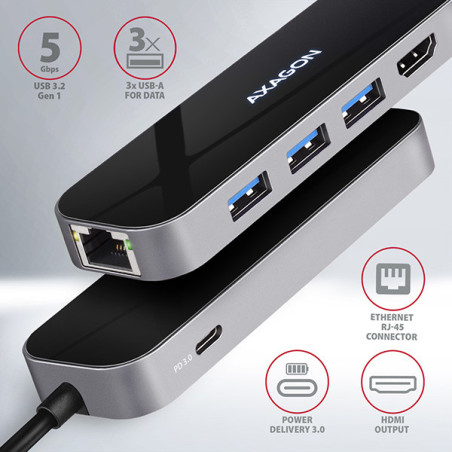 AXAGON HMC-6GL, USB 3.2 Gen 1 hub, 3x USB-A, HDMI 4k/30Hz, RJ-45 GLAN, PD 100W, kábel USB-C 20cm