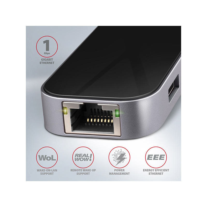 AXAGON HMC-6GL, USB 3.2 Gen 1 hub, 3x USB-A, HDMI 4k/30Hz, RJ-45 GLAN, PD 100W, kábel USB-C 20cm
