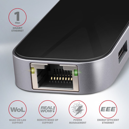 AXAGON HMC-6GL, USB 3.2 Gen 1 hub, 3x USB-A, HDMI 4k/30Hz, RJ-45 GLAN, PD 100W, kábel USB-C 20cm