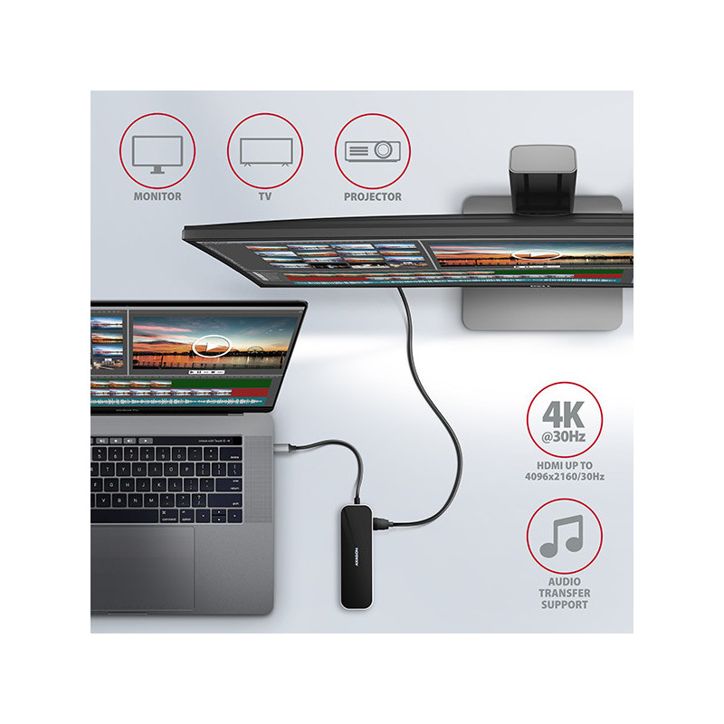 AXAGON HMC-6GL, USB 3.2 Gen 1 hub, 3x USB-A, HDMI 4k/30Hz, RJ-45 GLAN, PD 100W, kábel USB-C 20cm