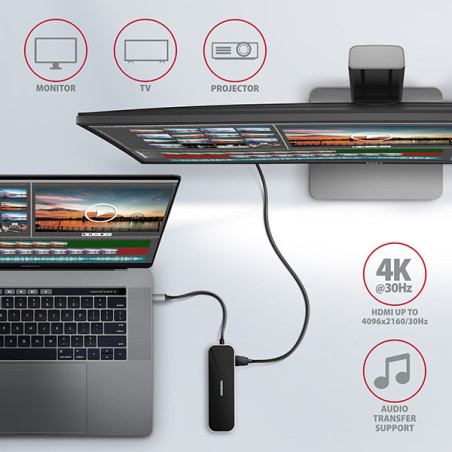 AXAGON HMC-6GL, USB 3.2 Gen 1 hub, 3x USB-A, HDMI 4k/30Hz, RJ-45 GLAN, PD 100W, kábel USB-C 20cm