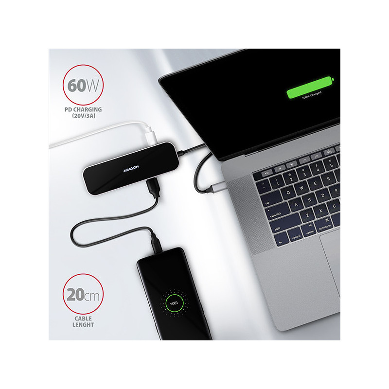 AXAGON HMC-6GL, USB 3.2 Gen 1 hub, 3x USB-A, HDMI 4k/30Hz, RJ-45 GLAN, PD 100W, kábel USB-C 20cm