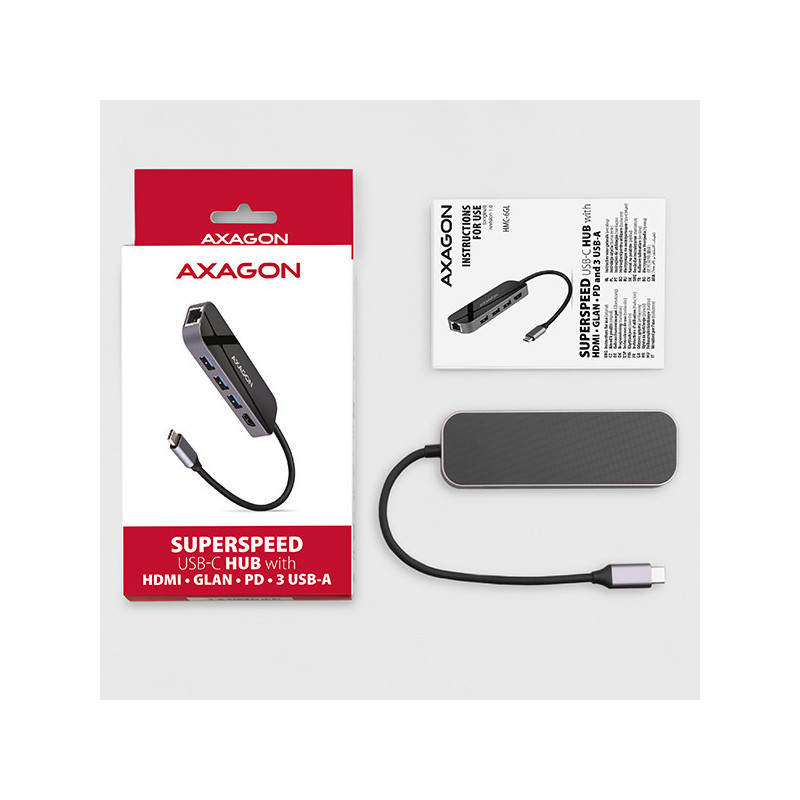 AXAGON HMC-6GL, USB 3.2 Gen 1 hub, 3x USB-A, HDMI 4k/30Hz, RJ-45 GLAN, PD 100W, kábel USB-C 20cm