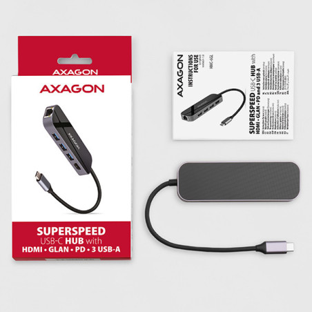 AXAGON HMC-6GL, USB 3.2 Gen 1 hub, 3x USB-A, HDMI 4k/30Hz, RJ-45 GLAN, PD 100W, kábel USB-C 20cm