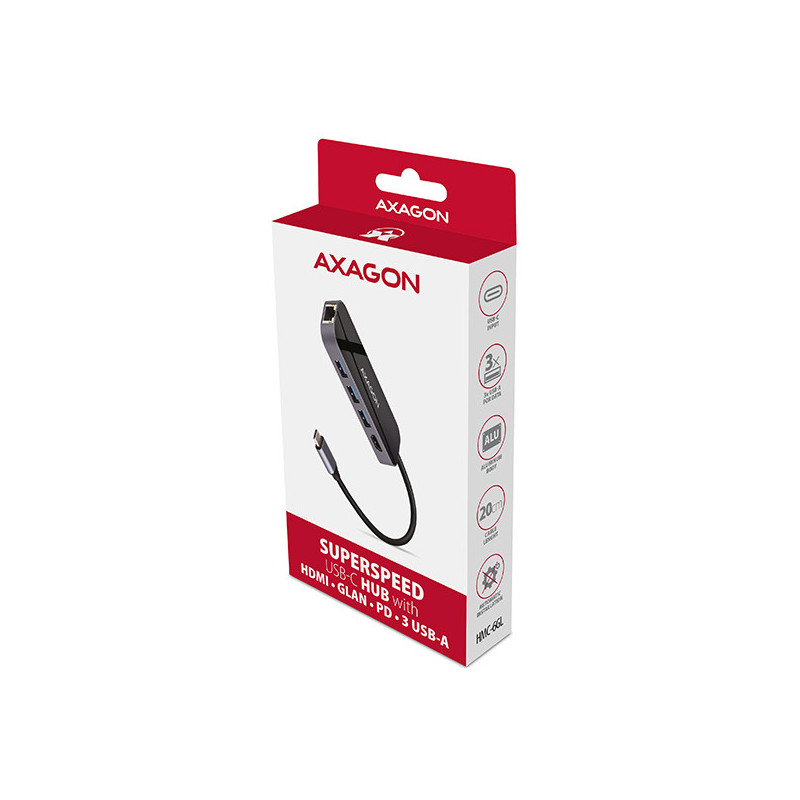 AXAGON HMC-6GL, USB 3.2 Gen 1 hub, 3x USB-A, HDMI 4k/30Hz, RJ-45 GLAN, PD 100W, kábel USB-C 20cm
