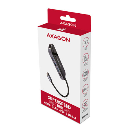 AXAGON HMC-6GL, USB 3.2 Gen 1 hub, 3x USB-A, HDMI 4k/30Hz, RJ-45 GLAN, PD 100W, kábel USB-C 20cm