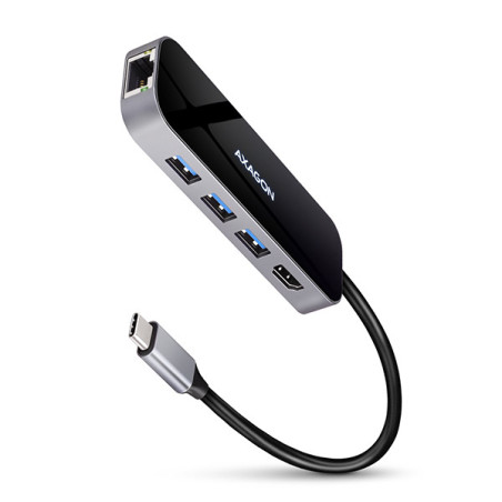 AXAGON HMC-6GL, USB 3.2 Gen 1 hub, 3x USB-A, HDMI 4k/30Hz, RJ-45 GLAN, PD 100W, kábel USB-C 20cm