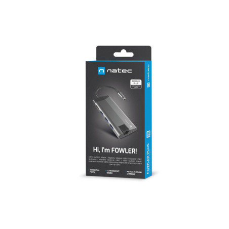 Natec multiport adaptér FOWLER PLUS HUB 8v1, USB 3.0 3X, HDMI 4K, USB-C PD, RJ45, SD, MICRO