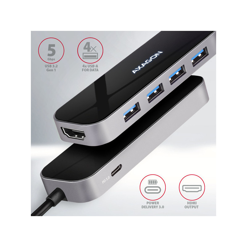 AXAGON HMC-6H4A, USB 3.2 Gen 1 hub, porty 4x USB-A, HDMI 4k/30Hz, PD 100W, kábel USB-C 20cm