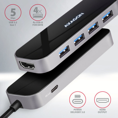 AXAGON HMC-6H4A, USB 3.2 Gen 1 hub, porty 4x USB-A, HDMI 4k/30Hz, PD 100W, kábel USB-C 20cm