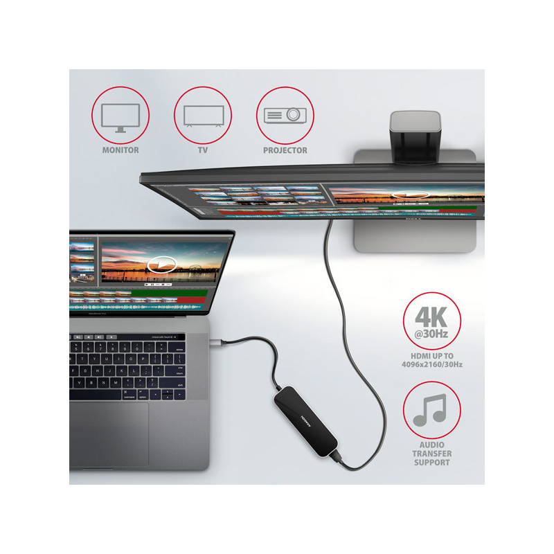 AXAGON HMC-6H4A, USB 3.2 Gen 1 hub, porty 4x USB-A, HDMI 4k/30Hz, PD 100W, kábel USB-C 20cm