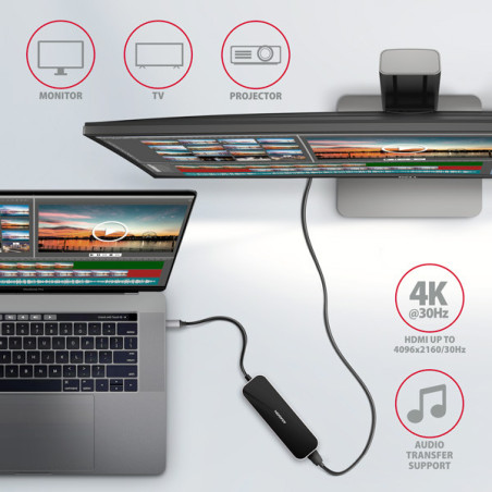 AXAGON HMC-6H4A, USB 3.2 Gen 1 hub, porty 4x USB-A, HDMI 4k/30Hz, PD 100W, kábel USB-C 20cm