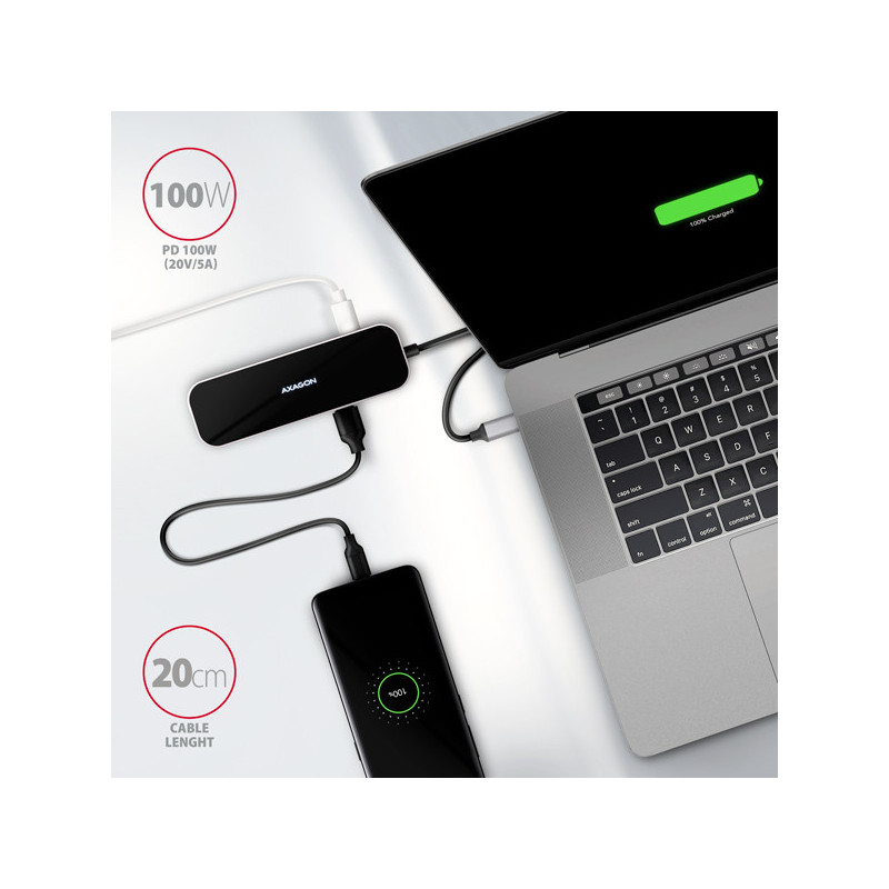 AXAGON HMC-6H4A, USB 3.2 Gen 1 hub, porty 4x USB-A, HDMI 4k/30Hz, PD 100W, kábel USB-C 20cm