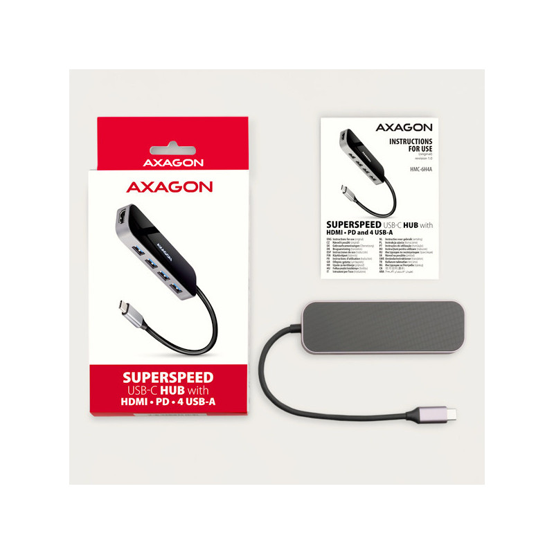 AXAGON HMC-6H4A, USB 3.2 Gen 1 hub, porty 4x USB-A, HDMI 4k/30Hz, PD 100W, kábel USB-C 20cm