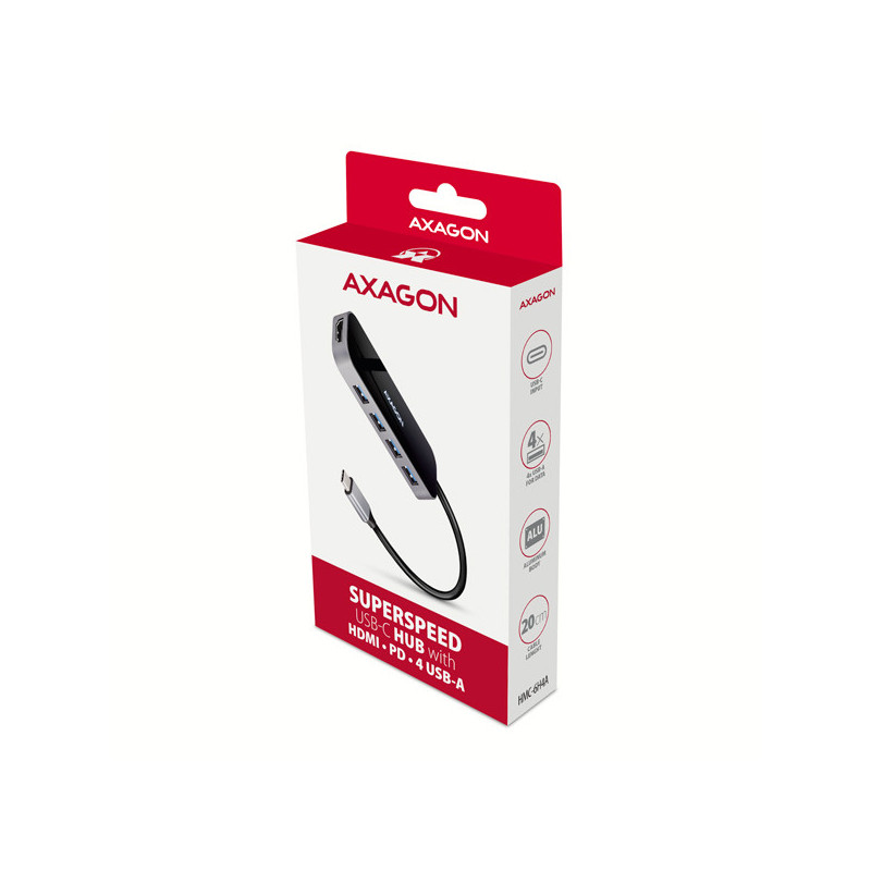 AXAGON HMC-6H4A, USB 3.2 Gen 1 hub, porty 4x USB-A, HDMI 4k/30Hz, PD 100W, kábel USB-C 20cm