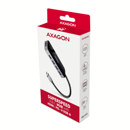 AXAGON HMC-6H4A, USB 3.2 Gen 1 hub, porty 4x USB-A, HDMI 4k/30Hz, PD 100W, kábel USB-C 20cm