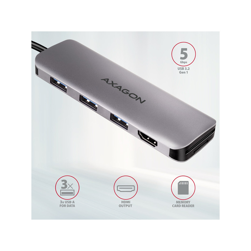 AXAGON HMC-HCR3A, USB 3.2 Gen 1 hub, porty 3x USB-A, HDMI 4k/30Hz, SD/microSD, kábel USB-C 20cm