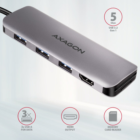 AXAGON HMC-HCR3A, USB 3.2 Gen 1 hub, porty 3x USB-A, HDMI 4k/30Hz, SD/microSD, kábel USB-C 20cm
