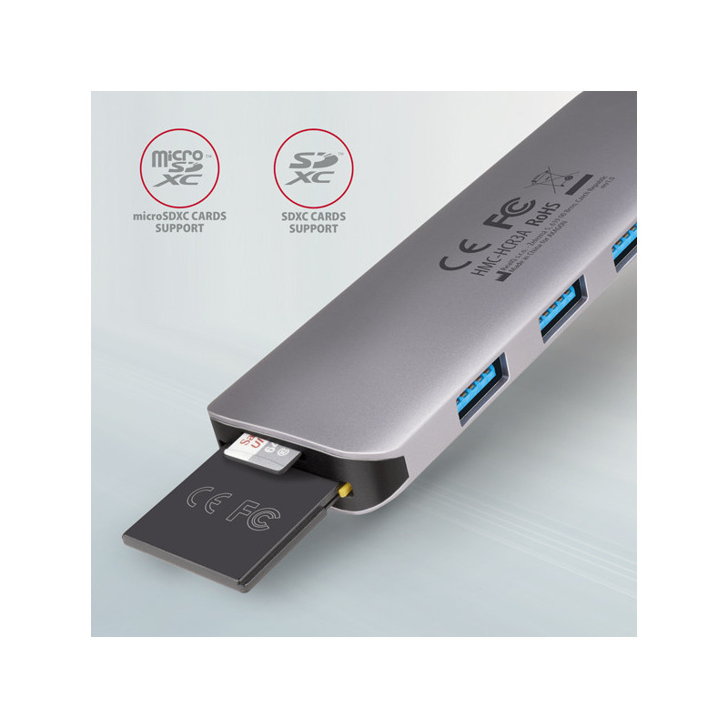 AXAGON HMC-HCR3A, USB 3.2 Gen 1 hub, porty 3x USB-A, HDMI 4k/30Hz, SD/microSD, kábel USB-C 20cm