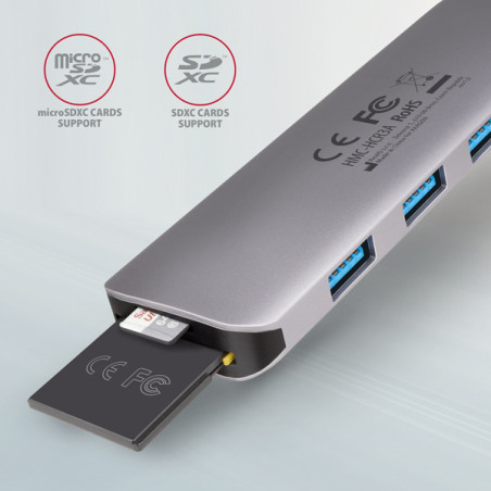 AXAGON HMC-HCR3A, USB 3.2 Gen 1 hub, porty 3x USB-A, HDMI 4k/30Hz, SD/microSD, kábel USB-C 20cm