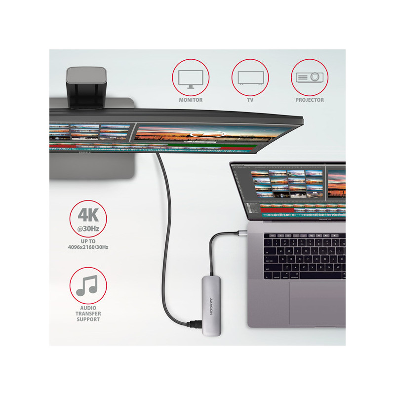 AXAGON HMC-HCR3A, USB 3.2 Gen 1 hub, porty 3x USB-A, HDMI 4k/30Hz, SD/microSD, kábel USB-C 20cm