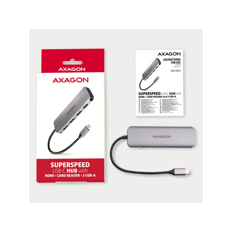 AXAGON HMC-HCR3A, USB 3.2 Gen 1 hub, porty 3x USB-A, HDMI 4k/30Hz, SD/microSD, kábel USB-C 20cm