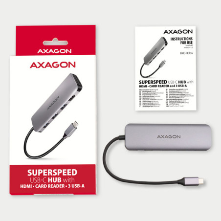 AXAGON HMC-HCR3A, USB 3.2 Gen 1 hub, porty 3x USB-A, HDMI 4k/30Hz, SD/microSD, kábel USB-C 20cm