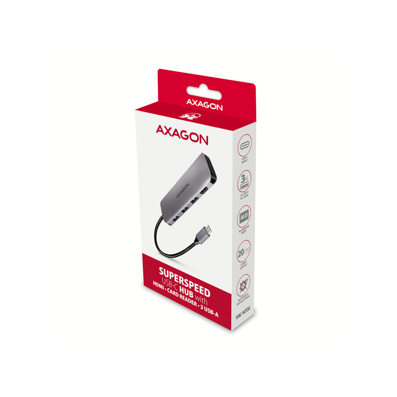 AXAGON HMC-HCR3A, USB 3.2 Gen 1 hub, porty 3x USB-A, HDMI 4k/30Hz, SD/microSD, kábel USB-C 20cm