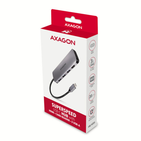 AXAGON HMC-HCR3A, USB 3.2 Gen 1 hub, porty 3x USB-A, HDMI 4k/30Hz, SD/microSD, kábel USB-C 20cm