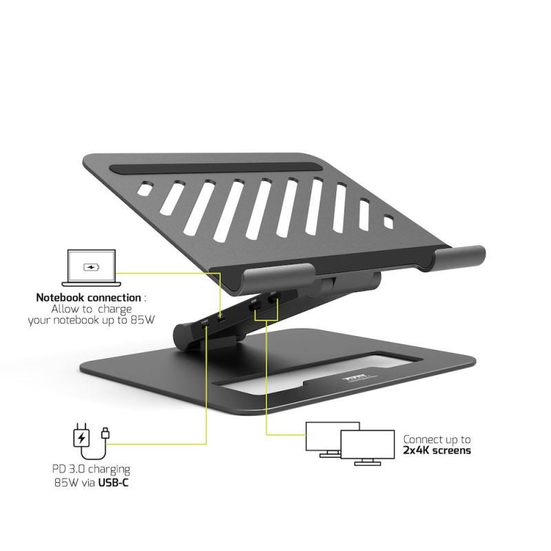 PORT CONNECT Dokovacia stanica USB-C, 3x4K s nastaviteľným držiakom notebooku, čierna