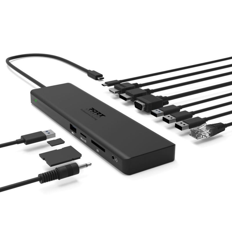 PORT CONNECT Dokovacia stanica 11v1, 1x4K, RJ45, HDMI, Display Port, VGA, USB-C 100W, 4x USB-A, micro/SD
