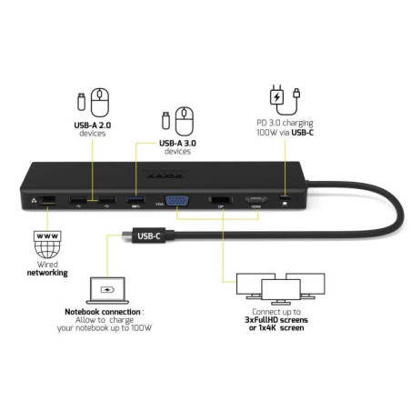 PORT CONNECT Dokovacia stanica 11v1, 1x4K, RJ45, HDMI, Display Port, VGA, USB-C 100W, 4x USB-A, micro/SD