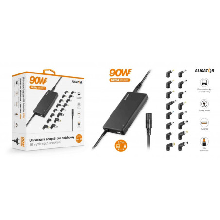 Univerzálny adaptér pre notebooky so 16 výmennými konektormi a USB, 90W