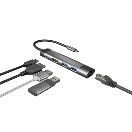 Natec multiport adaptér FOWLER GO HUB 5v1, 2X USB 3.0 HUB, HDMI 4K, USB-C PD, RJ45