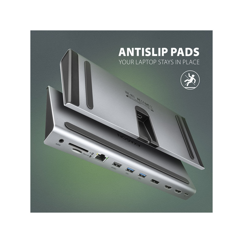 AXAGON HMC-4KX3 USB 5Gbps hub, 3x USB-A, 2x HDMI, DP, RJ-45, SD/microSD, audio, PD 100W, kábel 40cm