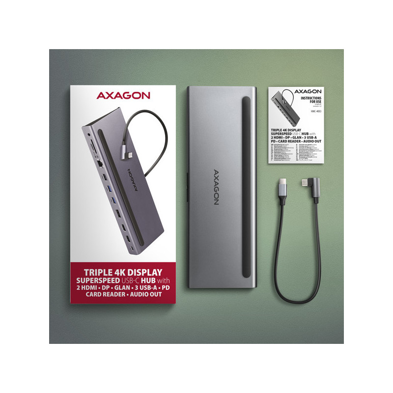 AXAGON HMC-4KX3 USB 5Gbps hub, 3x USB-A, 2x HDMI, DP, RJ-45, SD/microSD, audio, PD 100W, kábel 40cm