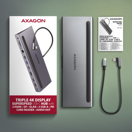 AXAGON HMC-4KX3 USB 5Gbps hub, 3x USB-A, 2x HDMI, DP, RJ-45, SD/microSD, audio, PD 100W, kábel 40cm