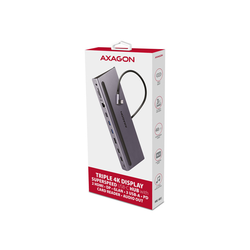 AXAGON HMC-4KX3 USB 5Gbps hub, 3x USB-A, 2x HDMI, DP, RJ-45, SD/microSD, audio, PD 100W, kábel 40cm