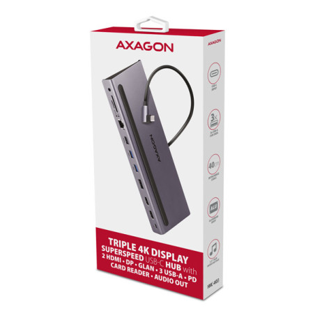 AXAGON HMC-4KX3 USB 5Gbps hub, 3x USB-A, 2x HDMI, DP, RJ-45, SD/microSD, audio, PD 100W, kábel 40cm