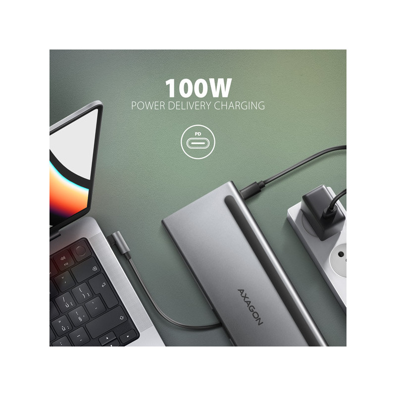 AXAGON HMC-4KX3 USB 5Gbps hub, 3x USB-A, 2x HDMI, DP, RJ-45, SD/microSD, audio, PD 100W, kábel 40cm