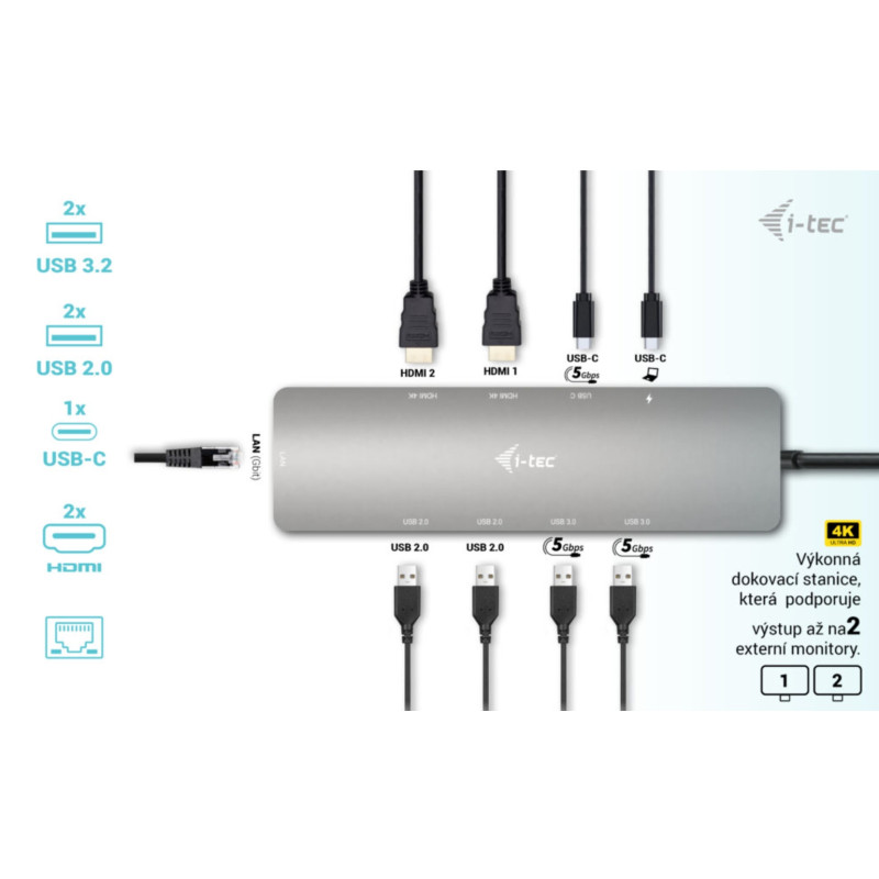 i-tec USB-C Metal Nano 2x HDMI Docking Station, PD 100W