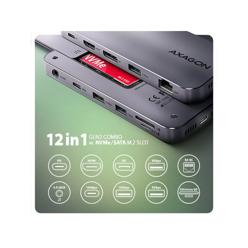 AXAGON HMC-12GM2, USB 10Gbps hub, 3x USB-A, USB-C, HDMI, DP, RJ-45 GLAN, M.2, SD/mSD, audio, PD